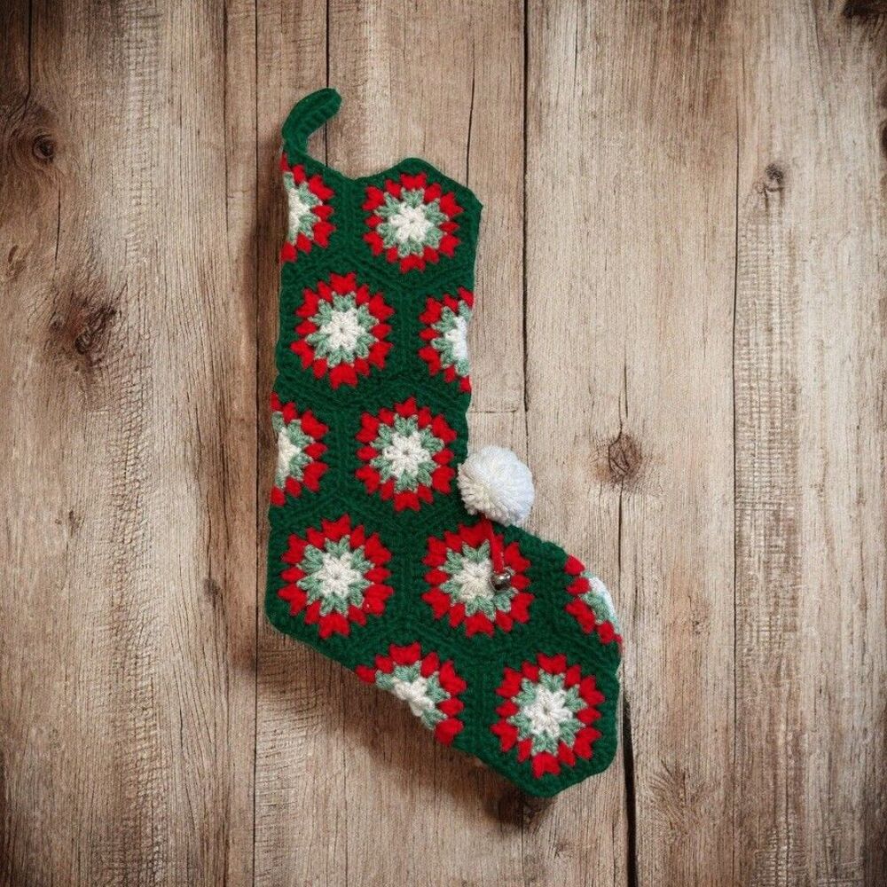Vintage handmade Granny Square crochet Christmas stocking 19” Mantle Fireplace
